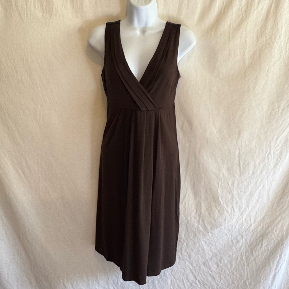 E-137 Ann Taylor Brown‎ Pleated Detail Sleeveless MIDI Summer Dress Size XS